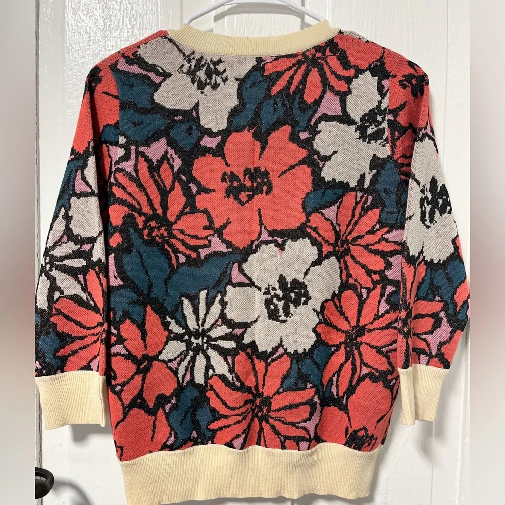 J Crew Floral 3/4  sweater with metallic thread and partially button down - Picture 3 of 7
